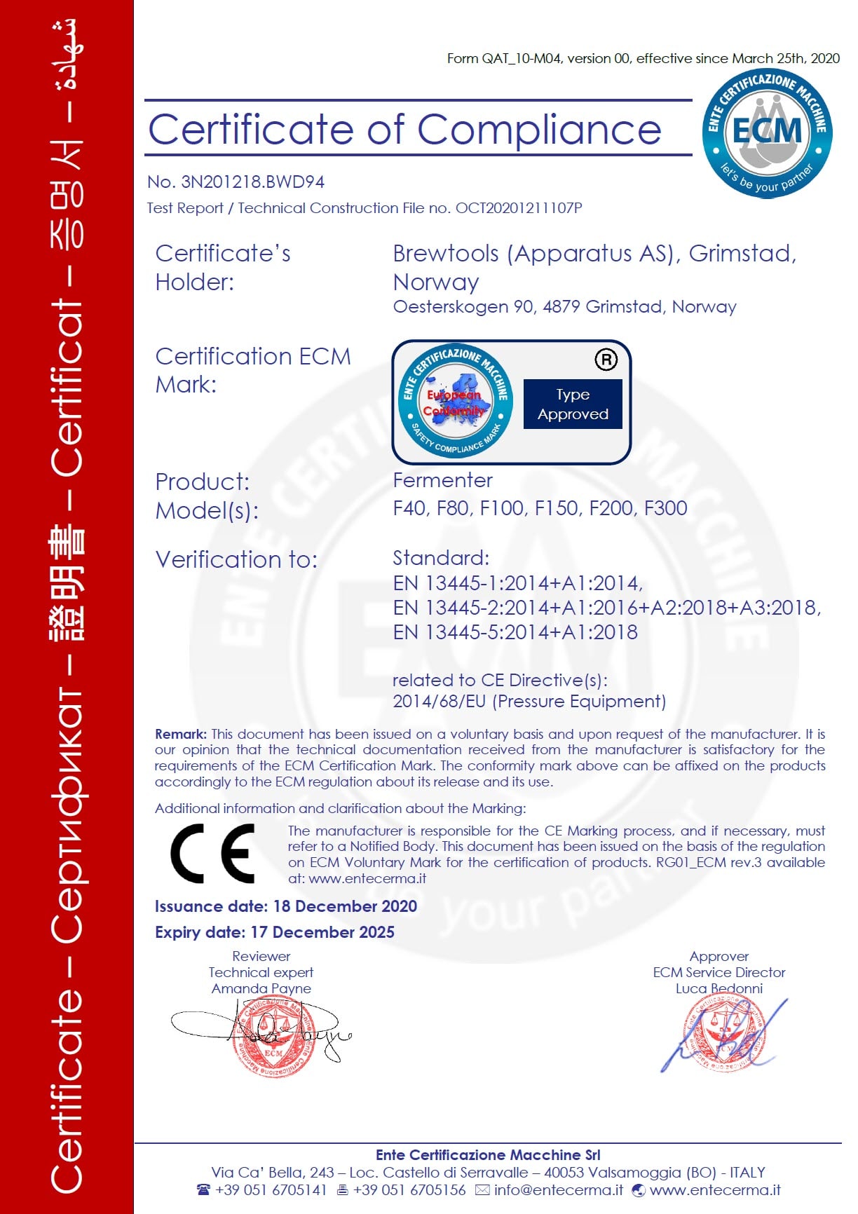 Certification Unitank Brewtools